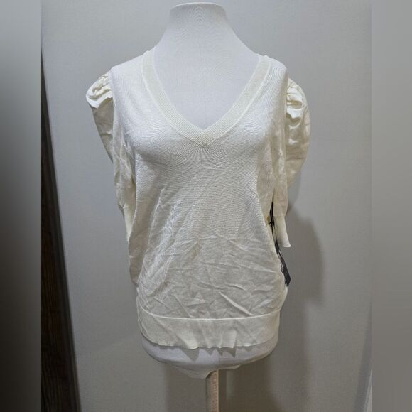 RACHEL Rachel Roy V-Neck Puff Sleeve Sweater in Cream Egret NWT Size Medium - Picture 2 of 5